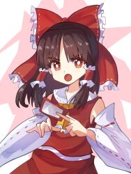 Rule 34 | 1girl, :o, ascot, bare shoulders, bow, brown hair, collared shirt, commentary request, detached sleeves, frilled bow, frills, hair bow, hair tubes, hakurei reimu, holding ofuda, long sleeves, medium hair, plus2sf, red bow, red eyes, red shirt, red skirt, shirt, skirt, sleeveless, sleeveless shirt, solo, touhou, v-shaped eyebrows, white sleeves, wide sleeves, yellow ascot