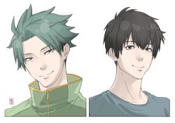 Rule 34 | 2boys, black eyes, black hair, blue shirt, closed mouth, commentary request, etra-chan wa mita!, green eyes, green hair, green jacket, jacket, kuroki (etra-chan wa mita!), looking at viewer, madder song, male focus, multiple boys, portrait, shirt, short hair, simple background, smile, spiked hair, tokusa (etra-chan wa mita!), white background
