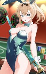 Rule 34 | 1girl, absurdres, alternate costume, animal ears, bare shoulders, blonde hair, bow, bowtie, breasts, casino, casino card table, covered navel, cowboy shot, dartboard, detached collar, fake animal ears, green bow, green bowtie, green eyes, green leotard, hair between eyes, highres, holding, holding sword, holding weapon, hololive, kazama iroha, leotard, looking at viewer, medium breasts, medium hair, mogmog megmog, playboy bunny, poker chip, ponytail, sheath, sheathed, solo, strapless, strapless leotard, sword, table, virtual youtuber, weapon, wrist cuffs