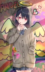 Rule 34 | 1girl, absurdres, akino ell, black hair, blue skirt, brown cardigan, cardigan, closed mouth, collarbone, collared shirt, commentary, cross, cross earrings, drawn halo, drawn wings, earrings, english commentary, graffiti, hair between eyes, halo, hand in pocket, heart, highres, jewelry, latin cross, long sleeves, looking at viewer, nail polish, original, plaid, plaid skirt, pleated skirt, rainbow, red eyes, red nails, school uniform, shirt, skirt, sleeves past wrists, smile, solo, spray can, white shirt