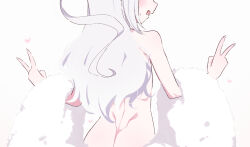 Rule 34 | 1girl, ass, back, blue archive, blush, butt crack, donutman, heart, long hair, mutsuki (blue archive), mutsuki (dress) (blue archive), nude, open mouth, simple background, solo, v, white background, white fur, white hair