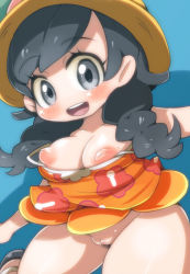 Rule 34 | 1girl, :d, arms at sides, bare arms, bare shoulders, black hair, blue background, blush, bottomless, braid, breasts, censored, cleavage, collarbone, cowboy shot, creatures (company), curvy, eyelashes, facing viewer, floral print, flower, game freak, grey eyes, hat, hat flower, hibiscus, inverted nipples, leaf, leg up, long hair, looking at viewer, mosaic censoring, nekoyuu, nintendo, nipples, no bra, no nose, open mouth, orange shirt, outstretched arms, partially undressed, pokemon, pokemon usum, puffy nipples, pussy, raised eyebrows, selene (pokemon), selene (pokemon usum), shirt, shoes, smile, solo, strap slip, sun hat, swept bangs, tank top, tareme, teeth, thick thighs, thighs, tongue, twin braids, wide hips, yellow hat