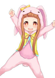 Rule 34 | 1girl, :d, absurdres, animal hood, arms up, atg (wttoo0202), blush, bow, brown eyes, brown hair, hair bow, highres, hood, ichihara nina, idolmaster, idolmaster cinderella girls, long hair, looking at viewer, open mouth, simple background, smile, solo, white background, yellow bow
