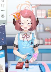 Rule 34 | !?, 1girl, absurdres, angel&#039;s 24 uniform (blue archive), apron, aru (blue archive), barcode scanner, blue apron, blue archive, blush, brown horns, censored, collared shirt, convenience store, demon horns, glasses, hair ornament, hairclip, halo, haniwa (statue), highres, holding, horns, indoors, mosaic censoring, pink hair, pink halo, red ribbon, ribbon, shirt, shop, short hair, short sleeves, solo, unworn eyewear, white shirt, wish-tf