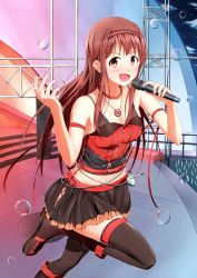 Rule 34 | 1girl, bad id, bad pixiv id, black skirt, black thighhighs, breasts, brown eyes, brown hair, cleavage, collar, collarbone, groin, hairband, highres, holding, holding microphone, idolmaster, jewelry, kiu (dear deer), long hair, medium breasts, microphone, midriff, navel, necklace, necktie, open mouth, red hairband, skirt, solo, tanaka kotoha, thighhighs, zettai ryouiki
