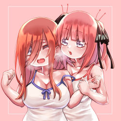 Rule 34 | 2girls, black ribbon, blue eyes, blunt bangs, breasts, brown hair, butterfly hair ornament, camisole, cleavage, collarbone, go-toubun no hanayome, hair ornament, highres, holding another&#039;s wrist, large breasts, looking at another, marimo 625, multiple girls, nakano miku, nakano nino, off shoulder, one eye closed, open mouth, pink hair, puckered lips, raised eyebrows, ribbon, siblings, simple background, sisters, twins, twintails, white camisole