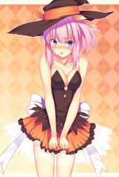 Rule 34 | 1girl, :o, argyle, argyle background, argyle clothes, bare shoulders, blue eyes, blush, breasts, cleavage, flying sweatdrops, hat, hat ribbon, kaiza (rider000), looking at viewer, original, pink hair, ribbon, short hair, skirt, solo, sweatdrop, witch hat