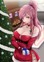 Rule 34 | 1girl, bare shoulders, bell, blush, breasts, button gap, chest belt, christmas lights, christmas ornaments, christmas stocking, christmas tree, cleavage, condensation, cross-laced slit, crossed arms, detached sleeves, dress, elbow gloves, fire, fire emblem, fire emblem: the sacred stones, fireplace, gift, gloves, hair ornament, hair tie, highres, large breasts, long hair, looking at viewer, marisa (fire emblem), neck bell, nintendo, pink hair, ponytail, pout, purple eyes, santa dress, short dress, skindentation, snowflake print, snowing, solo, sweatdrop, upper body, vialnite, window fog