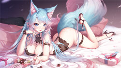 Rule 34 | 1girl, animal ear fluff, animal ears, blue eyes, blue hair, box, breasts, feet up, food on hand, full body, gift, gift box, heart-shaped box, high heels, indie virtual youtuber, large breasts, long hair, looking at viewer, lying, mitsu (mitsu art), multicolored hair, nail polish, on bed, on stomach, open mouth, petals, pillow, pink hair, silvervale, solo, streaked hair, tail, thigh strap, toenail polish, toenails, very long hair, virtual youtuber, wolf ears, wolf tail