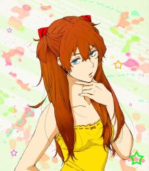 Rule 34 | 1girl, bare shoulders, blue eyes, casual, dress, hand on own chin, long hair, neon genesis evangelion, orange hair, shanghai shu-cai, solo, souryuu asuka langley, stroking own chin, twintails, two side up, yellow dress