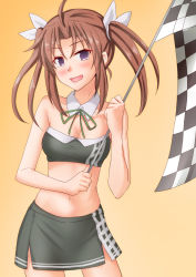 Rule 34 | 1girl, :d, ahoge, alternate costume, anti (untea9), bare shoulders, black skirt, breasts, brown hair, checkered flag, cleavage, cowboy shot, detached collar, flag, gradient background, green ribbon, hair ribbon, highres, holding, holding flag, kagerou (kancolle), kagerou kai ni (kancolle), kantai collection, looking at viewer, midriff, navel, neck ribbon, open mouth, orange background, purple eyes, race queen, ribbon, simple background, skirt, small breasts, smile, solo, twintails, white ribbon
