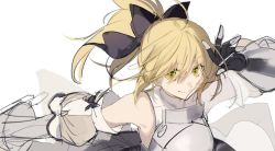 Rule 34 | 1girl, ahoge, armor, artoria pendragon (all), artoria pendragon (fate), bare shoulders, black bow, black gloves, blonde hair, bow, breastplate, bsq, detached sleeves, fate/grand order, fate (series), gauntlets, gloves, green eyes, hair between eyes, hair bow, looking at viewer, ponytail, saber lily, sketch, smile, solo, upper body, white background