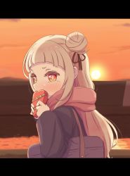 Rule 34 | 1girl, bag, black ribbon, blazer, blunt bangs, blush, commentary request, covering own mouth, gift, hair bun, hair ribbon, hair slicked back, half updo, highres, holding, holding gift, hololive, jacket, kiwami133, letterboxed, long hair, looking at viewer, murasaki shion, pink scarf, ribbon, riverbank, scarf, school bag, short eyebrows, side bun, sidelocks, silver hair, single side bun, solo, sunset, upper body, valentine, virtual youtuber, yellow eyes