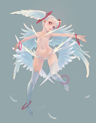Rule 34 | 1girl, blonde hair, feathers, full body, grey background, head tilt, head wings, low wings, no bra, original, red eyes, simple background, solo, stomach, thighhighs, weno, white thighhighs, wings