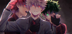 Rule 34 | 3boys, alternate costume, bakugou katsuki, behind another, black shirt, black vest, blonde hair, blurry, boku no hero academia, buttoned cuffs, buttons, chromatic aberration, collared shirt, commentary, covered face, creepy eyes, dark persona, depth of field, eyes visible through hair, fog, formal, freckles, gloves, glowing, glowing eyes, green eyes, green hair, green pupils, grey jacket, hand in another&#039;s hair, hand on another&#039;s chest, hand under clothes, hand up, hands up, head tilt, highres, holding hands, jacket, kirishima eijirou, light particles, long sleeves, looking at viewer, looking to the side, lowah, male focus, midoriya izuku, multiple boys, narrowed eyes, necktie, open mouth, parted lips, profile, red eyes, red hair, red necktie, red shirt, scanlines, scar, scar across eye, scar on face, shaded face, shadow, sharp teeth, shirt, short hair, sideways glance, signature, simple background, slit pupils, spiked hair, straight-on, suit, teeth, upper body, vest, wing collar