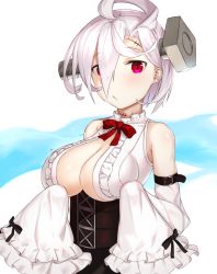 Rule 34 | 1girl, ahoge, azur lane, bare shoulders, belt, black skirt, bolt, bow, breasts, center opening, detached sleeves, frilled shirt, frilled sleeves, frills, hair over one eye, hands in opposite sleeves, large breasts, looking at viewer, mathew (srmmk mce), no bra, red bow, red eyes, shirt, short hair, skirt, sleeves past wrists, solo, stitches, terror (azur lane), white hair