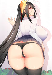 Rule 34 | 1girl, absurdres, against wall, ahoge, ass, azur lane, black hair, black panties, black thighhighs, blue skirt, breasts, butt crack, chixiao, commentary, covered erect nipples, from behind, hair between eyes, hair ribbon, highres, huge breasts, leaning forward, long hair, long sleeves, looking at viewer, looking back, mask, mask on head, panties, parted lips, partially visible vulva, pleated skirt, red eyes, red ribbon, ribbon, school uniform, shadow, shiny skin, shirt, skirt, solo, standing, taihou (azur lane), thick thighs, thighhighs, thighs, twintails, underwear, very long hair, white shirt