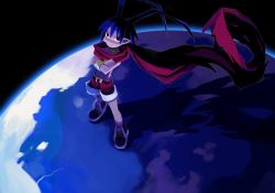 Rule 34 | 1boy, antenna hair, blue hair, crossed arms, demon, disgaea, full body, harada takehito, laharl, male focus, nippon ichi, official art, planet, pointy ears, red eyes, red shorts, scarf, shorts, smile, solo