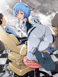 Rule 34 | 00s, 1boy, 1girl, :d, artist request, ass, ayanami rei, bent over, black hair, blue hair, bodysuit, cable, chair, checkered floor, cloud, dark clouds, electric plug, electrical outlet, evangelion: 1.0 you are (not) alone, floor, from behind, ikari shinji, interface headset, intravenous drip, kage (9753xlui), kneeling, looking back, neon genesis evangelion, open mouth, perspective, petals, plugsuit, rebuild of evangelion, red eyes, ruins, scalpel, short hair, sitting, skin tight, smile, trefoil