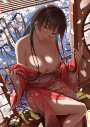 Rule 34 | 1girl, bare shoulders, blunt bangs, blush, breasts, brown hair, cherry blossoms, cleavage, collarbone, commentary request, dango, day, eyelashes, fingernails, food, hands up, head tilt, highres, indoors, japanese clothes, kimono, kinata (area7), large breasts, long hair, long sleeves, looking at viewer, nail polish, obi, off shoulder, open mouth, original, petals, red eyes, red kimono, red nails, sanshoku dango, sash, sidelocks, sitting, skewer, smile, solo, very long hair, wagashi, water, wide sleeves, window