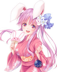 Rule 34 | 1girl, :d, alternate costume, alternate hairstyle, animal print, bad id, bad pixiv id, blue bow, blush, bow, breasts, commentary request, cowboy shot, floral print, hair bow, hair ornament, hand fan, hands up, hisae (hisae collect), holding, holding fan, japanese clothes, kimono, long hair, looking at viewer, medium breasts, obi, open mouth, orange sash, paper fan, pink kimono, ponytail, purple hair, rabbit hair ornament, rabbit print, red eyes, reisen udongein inaba, sash, sidelocks, simple background, smile, solo, standing, touhou, uchiwa, white background
