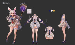 Rule 34 | 1girl, ahoge, animal ears, blue footwear, concept art, copyright name, crystal, dress, elin, full body, gem, gloves, glowing, grey background, hand to own mouth, high heels, highres, holding, ji-hyun ro, kneepits, legs, long hair, multiple views, official art, purple gloves, rabbit ears, rabbit tail, red eyes, shoes, short dress, simple background, staff, tail, tera online, turnaround, weapon, white dress, white hair