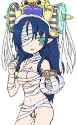 Rule 34 | 1girl, artist request, bandages, blue hair, blush, breasts, cleavage, egyptian, female focus, green eyes, headdress, long hair, lowres, monster girl, mummy, simple background, solo, white background