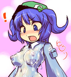 Rule 34 | !, 1girl, bad id, bad pixiv id, blue eyes, blue hair, blush, breasts, breasts apart, dissolving clothes, female focus, hakika, hat, kawashiro nitori, lowres, matching hair/eyes, medium breasts, nipples, see-through, short twintails, solo, surprised, touhou, twintails, two side up, wardrobe malfunction