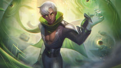 Rule 34 | 1boy, absurdres, alternate costume, cape, cowboy shot, glowing, glowing eyes, green cape, green scarf, grey hair, hand up, highres, league of legends, looking at viewer, male focus, malzahar, scarf, smile, solo, toned, toned male, vincent t (oriaarts), white cape