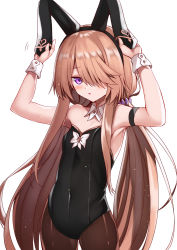 Rule 34 | 1girl, :o, animal ears, armband, armpits, arms up, bare shoulders, black leotard, breasts, brown hair, brown pantyhose, collarbone, commentary request, covered navel, cowboy shot, detached collar, fake animal ears, hair over one eye, hairband, highres, holding, leotard, long hair, looking at viewer, low twintails, mahcdai, original, pantyhose, parted lips, playboy bunny, purple eyes, rabbit ears, rum ialis, simple background, small breasts, solo, standing, twintails, very long hair, white background, wrist cuffs