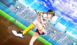 1girl 1other baseball_cap baseball_glove baseball_stadium baseball_uniform black_shorts black_undershirt blue_shirt blurry brown_hair cinderella_series closed_mouth cloud crowd day depth_of_field dutch_angle film_grain floating_hair foot_out_of_frame game_cg grey_pants hachigatsu_no_cinderella_nine hanshin_koshien_stadium hanshin_tigers hat highres kneehighs leg_up lens_flare light_particles light_rays long_hair looking_ahead low_twintails multicolored_footwear nippon_professional_baseball non-web_source official_alternate_costume official_art orange_eyes outdoors pants pitching shiina_yukari_(hachigatsu_no_cinderella_nine) shirt shirt_under_shirt short_sleeves shorts shorts_under_skirt skirt sky smile socks solo_focus sportswear striped_clothes striped_shirt sunbeam sunlight tied_shirt twintails umpire v-shaped_eyebrows vertical-striped_clothes vertical-striped_shirt white_skirt yellow_socks