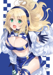 Rule 34 | 1girl, atago (kancolle), bandeau, black gloves, blonde hair, blue bandeau, blue skirt, breasts, cleavage, cosplay, cowboy shot, cropped jacket, gloves, gotland (kancolle), gotland (kancolle) (cosplay), green eyes, half gloves, hatomaru (hatomaru56), headphones, headset, highres, jacket, kantai collection, large breasts, long hair, microphone, midriff, miniskirt, navel, open mouth, race queen, shrug (clothing), skirt, smile, solo, waving, white jacket