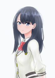 Rule 34 | 10s, 1girl, black hair, blue eyes, bow, bowtie, closed mouth, collared shirt, from side, grey background, gridman universe, highres, jacket, long hair, long sleeves, looking at viewer, looking to the side, red bow, red bowtie, shirt, simple background, smile, solo, ssss.gridman, takarada rikka, viperxtr, white jacket, white shirt, wing collar
