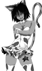 Rule 34 | 1girl, :3, animal ears, artist request, bishoujo senshi sailor moon, bishoujo senshi sailor moon s, breast hold, breasts, cat ears, cat tail, collar, collarbone, colored skin, daimon (sailor moon), dress, fang, female focus, highleg, highleg panties, highres, large breasts, looking at viewer, monochrome, monster girl, nekonneru (sailor moon), no humans, panties, pointy ears, purple skin, shiny skin, smile, solo, standing, tail, tattoo, thick thighs, thighs, underwear