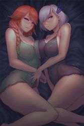 Rule 34 | 2girls, absurdres, ass, blush, braid, breasts, gradient hair, hair ornament, highres, hololive, hololive english, hololive indonesia, large breasts, long hair, looking at viewer, multicolored hair, multiple girls, myth1carts, nightgown, pavolia reine, purple eyes, short hair, side ponytail, smile, takanashi kiara, thick thighs, thighs, virtual youtuber