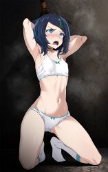 Rule 34 | 1girl, armpits, arms behind head, black hair, blue eyes, blue hair, blush, bound, bound wrists, bow, bow panties, bra, breasts, collarbone, creatures (company), crying, crying with eyes open, d:, facing viewer, female focus, full body, game freak, hair ornament, hairclip, highres, indoors, kneeling, liko (pokemon), multicolored hair, navel, nintendo, open mouth, panties, pokemon, pokemon (anime), pokemon horizons, short hair, small breasts, socks, solo, spread legs, streaked hair, swept bangs, tears, teeth, tongue, tsukishiro saika, underwear, underwear only, upper teeth only, white bra, white panties, white socks