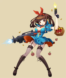 Rule 34 | 1girl, :o, apple, basket, black thighhighs, blue dress, boots, bow, breasts, brown background, brown footwear, brown hair, bullet, cleavage, clothes lift, comiccho, cross-laced footwear, disney, dress, dress lift, dual wielding, food, fruit, full body, garter straps, gun, hair bow, highres, holding, holding gun, holding weapon, knee boots, lace-up boots, looking at viewer, medium breasts, poison, puffy short sleeves, puffy sleeves, red bow, red eyes, short sleeves, snow white, snow white (disney), snow white and the seven dwarfs, solo, standing, thighhighs, weapon