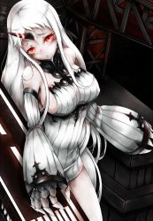 Rule 34 | 10s, 1girl, abyssal ship, breasts, claws, colored skin, detached sleeves, dress, highres, horns, kajaneko, kantai collection, large breasts, long hair, looking at viewer, machinery, pale skin, red eyes, ribbed dress, ribbed sweater, seaport princess, short dress, single horn, solo, sweater, sweater dress, white hair, white skin