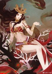 Rule 34 | 1girl, bare legs, black hair, cai lin (doupo cangqiong), closed mouth, doupo cangqiong, falling petals, floating, hair ornament, highres, jewelry, long hair, long skirt, looking to the side, nail polish, outstretched hand, petals, qi xiao ling ying, red nails, red tube top, sitting, skirt, snake, solo, strapless, tube top