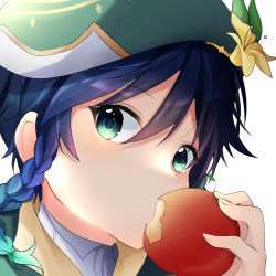 Rule 34 | 1boy, androgynous, apple, beret, black hair, blue hair, braid, collared shirt, commentary request, eating, flower, food, fruit, genshin impact, gradient hair, green eyes, green hat, hat, hat flower, holding, holding food, holding fruit, kashiwagi yuzu@ruruka kyoto, leaf, looking at viewer, male focus, multicolored hair, shirt, short hair with long locks, simple background, solo, twin braids, venti (genshin impact), white background, white shirt, yellow flower