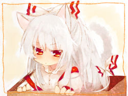 Rule 34 | 1girl, :/, animal ears, annoyed, bad id, bad pixiv id, bow, box, cat ears, cat girl, cat tail, dress shirt, female focus, fujiwara no mokou, hair bow, in box, in container, kemonomimi mode, long hair, no nose, nochita shin, red eyes, shirt, solo, suspenders, tail, touhou, white hair
