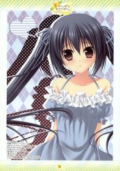 Rule 34 | 1girl, :&lt;, absurdres, bare shoulders, black hair, blush, brown eyes, dress, frills, hazumi rio, highres, k-on!, long hair, nakano azusa, page number, ribbon, scan, solo, twintails