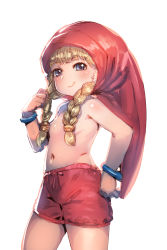 Rule 34 | 1girl, blonde hair, blue eyes, bow (bhp), bracelet, braid, censored, censored nipples, dragon quest, dragon quest xi, flat chest, hair censor, hair over breasts, hair over shoulder, hand on own hip, hat, highres, jewelry, long hair, no breasts, petite, shorts, smirk, solo, topless, twin braids, veronica (dq11), white background