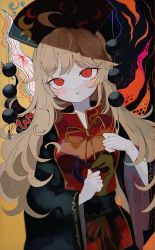 Rule 34 | 1girl, abstract background, absurdres, black dress, blonde hair, blush, chinese clothes, comkdom, crescent, dress, expressionless, hat, highres, junko (touhou), long hair, long sleeves, looking at viewer, red eyes, sash, solo, tabard, touhou, wide sleeves