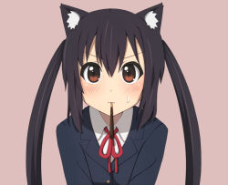 Rule 34 | 1girl, animal ears, black hair, brown eyes, food, hacoxiv, k-on!, long hair, mouth hold, nakano azusa, pocky, pocky kiss, pov feeding, school uniform, shared food, sharing food, solo, twintails