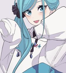 Rule 34 | 1girl, :d, blue eyes, blue hair, blush, grey background, highres, long hair, looking at viewer, luvluvvox, open mouth, original, scrunchie, side ponytail, simple background, sleeves past wrists, smile, solo