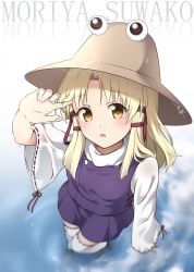 Rule 34 | 1girl, black footwear, blonde hair, blush, breasts, brown hat, character name, cloud, cross-laced clothes, day, dripping, from above, gradient background, hand in own hair, hand up, hat, highres, lens flare, long hair, looking at viewer, mntt re4, moriya suwako, over-kneehighs, parted bangs, parted lips, partially submerged, perspective, purple skirt, purple vest, reflection, ribbon-trimmed legwear, ribbon-trimmed sleeves, ribbon trim, shirt, sidelocks, skirt, sky, sleeves past wrists, small breasts, solo, standing, thighhighs, touhou, turtleneck, vest, water, white background, white shirt, white thighhighs, wide sleeves, yellow eyes