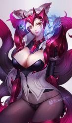 Rule 34 | 1girl, ahri (league of legends), alternate costume, animal, animal ears, animal on shoulder, arm behind back, armor, black panties, black pantyhose, breasts, bustier, challenger ahri, citemer, cleavage, cleavage cutout, clothing cutout, cowboy shot, curvy, eyelashes, eyeshadow, facial mark, female focus, fox ears, fox tail, gem, ghost, glowing, grin, groin, helmet, highres, huge breasts, lace, lace-trimmed panties, lace panties, lace trim, large breasts, league of legends, lingerie, lips, lipstick, liuruoyu8888, long hair, looking at viewer, makeup, multiple tails, no pants, panties, panties under pantyhose, pantyhose, parted lips, pauldrons, red eyes, shoulder armor, signature, silver hair, smile, solo, sparkle, spirit, string panties, tail, underwear, vambraces, whisker markings, wide hips