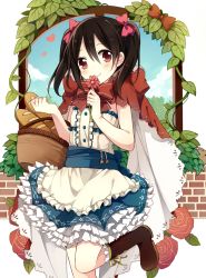 Rule 34 | 1girl, a (riduass023), basket, black hair, cosplay, flower, hood, little red riding hood, little red riding hood (grimm), little red riding hood (grimm) (cosplay), love live!, love live! school idol project, red eyes, short hair, smile, solo, twintails, yazawa nico, yimu