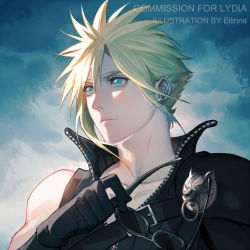 Rule 34 | 1boy, aqua eyes, armor, black gloves, black shirt, blonde hair, cloud, cloud strife, cloudy sky, collarbone, commission, earrings, eilinna, unworn eyewear, final fantasy, final fantasy vii, final fantasy vii advent children, gloves, hair between eyes, high collar, holding, holding removed eyewear, jewelry, looking to the side, male focus, open collar, outdoors, portrait, shirt, short hair, shoulder armor, single bare shoulder, single earring, sky, sleeveless, sleeveless shirt, solo, spiked hair, sunglasses, toned, toned male, upper body, wolf